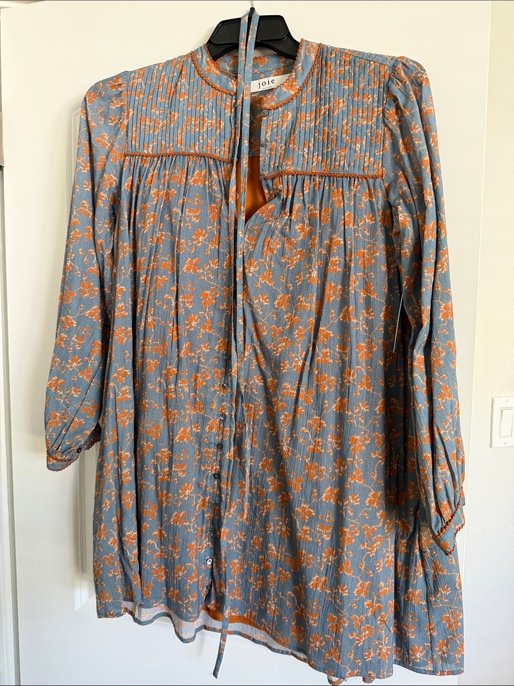 Joie Blue Dress with Orange Floral Pintuck Detail